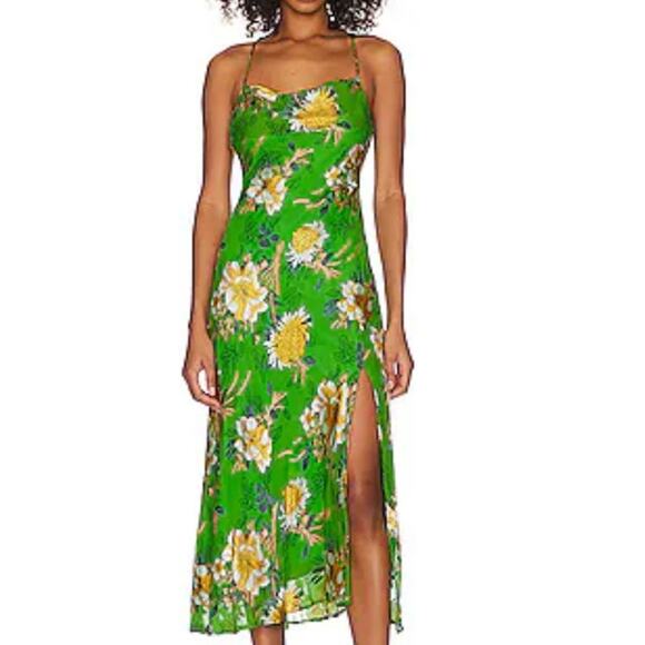 ASTR THE LABEL S Gaia Satin Slip Dress Green Pink Floral 90s Midi Boho Bright - Picture 1 of 12